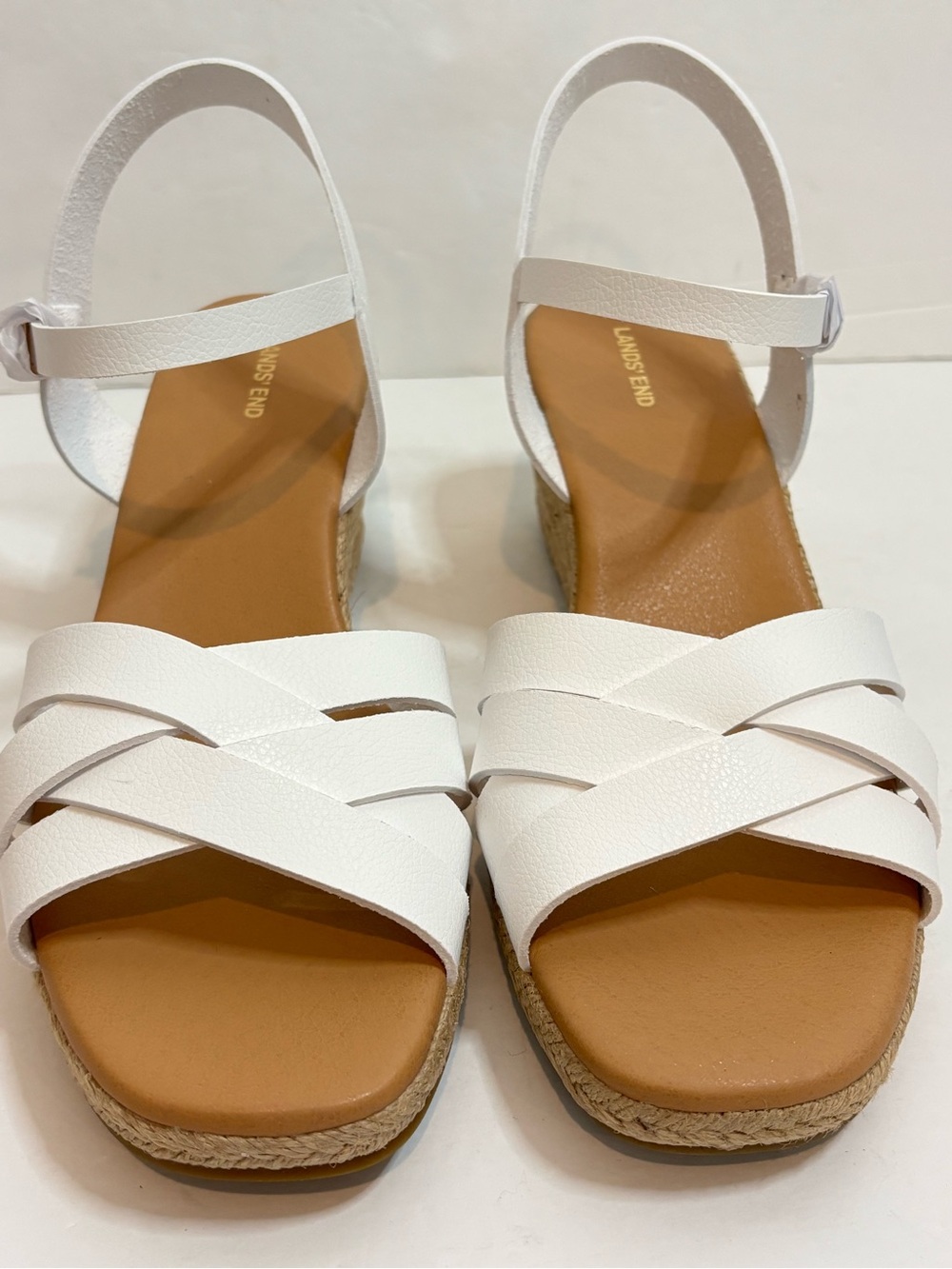 NWT Lands' End White Leather Strappy Espadrille Wedge Sandals 10 - Picture 3 of 10